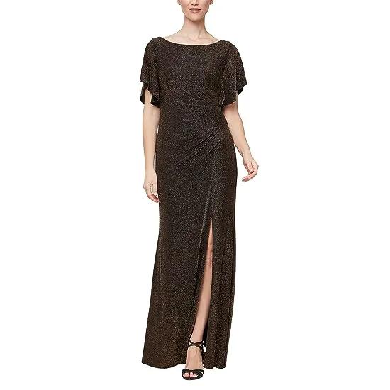 Long Flutter Sleeve Dress with Ruche Waist Detail and Front Slit