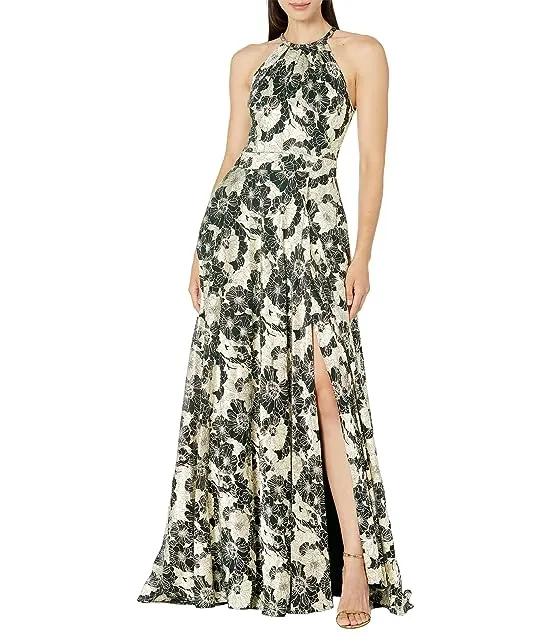 Long Foil Print Halter Gown with Wrap Skirt