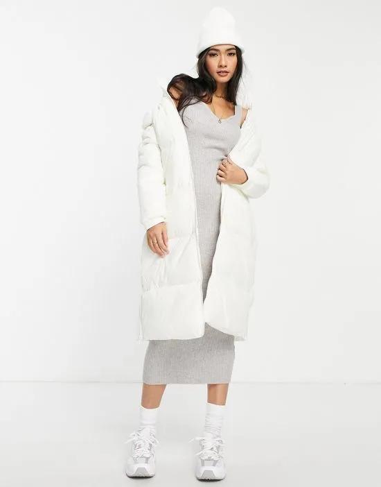 long funnel neck padded coat in off-white