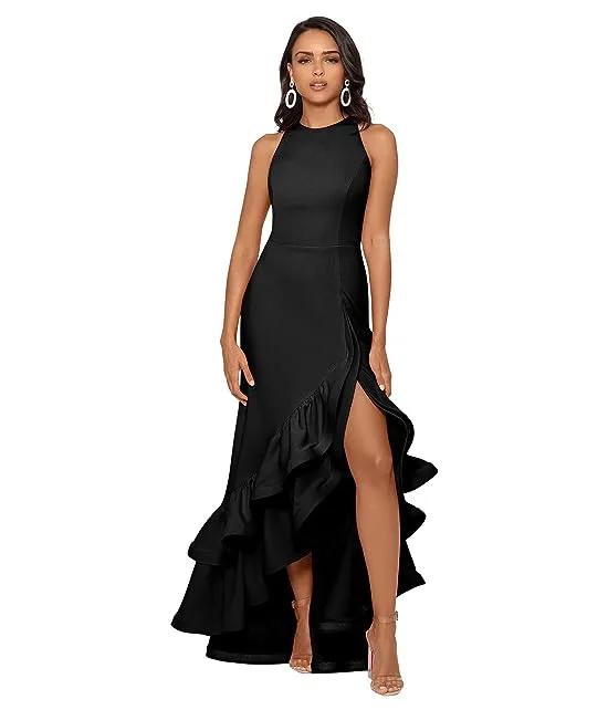 Long Halter Crepe Tiered Ruffle Gown