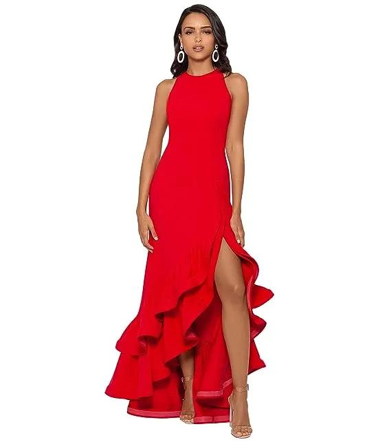 Long Halter Crepe Tiered Ruffle Gown