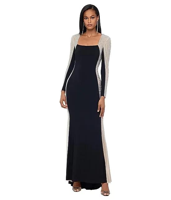 Long Ity Square Neck Long Sleeve Dress with Caviar Beading