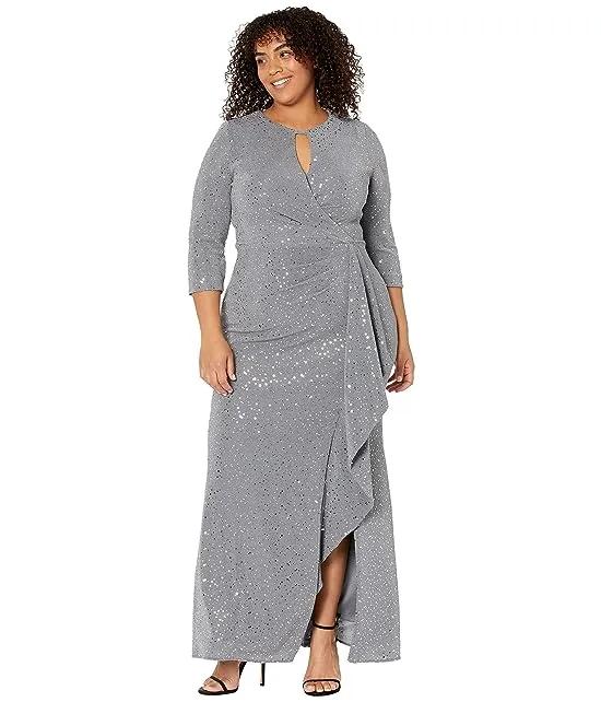Long Keyhole Neck Metallic Knit Gown with 3/4 Sleeves Side Shirred Skirt