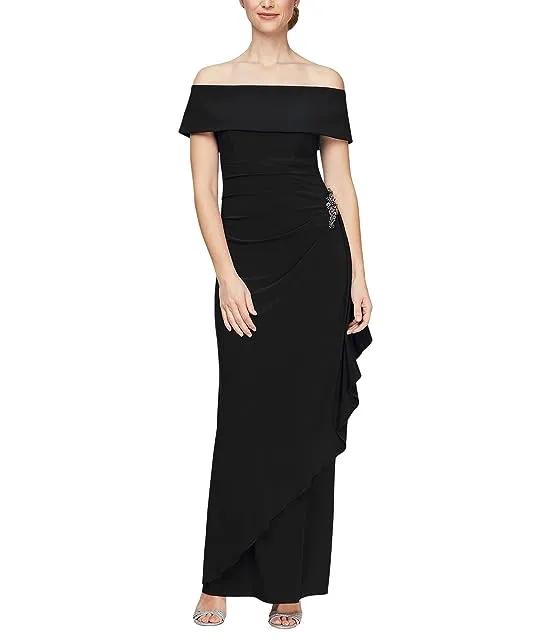 Long Off-the-Shoulder Dress With Fold-Over Cuff, Embellishment Detail at Hip and Cascade Ruffle Skirt