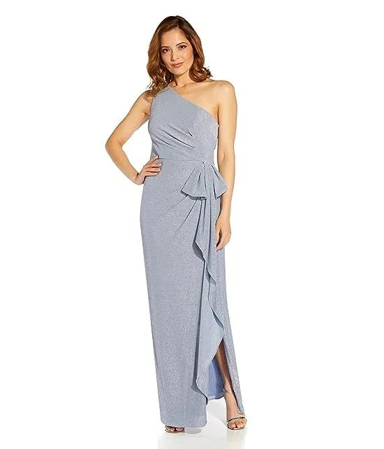 Long One Shoulder Metallic Knit Gown
