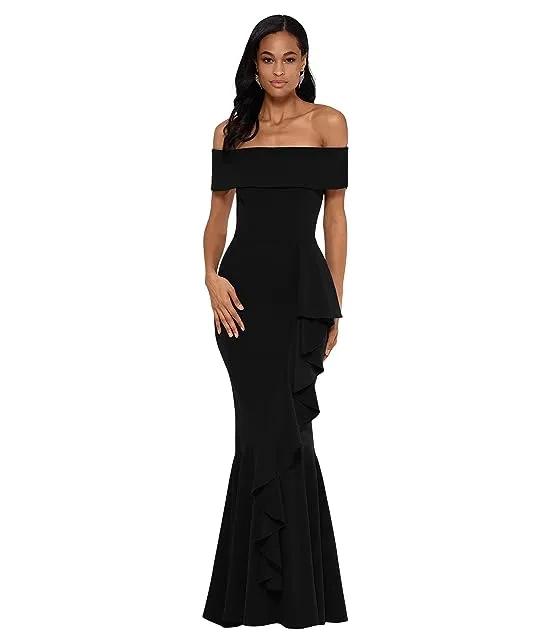 Long Over-the-Shoulder Cascade Ruffle Gown