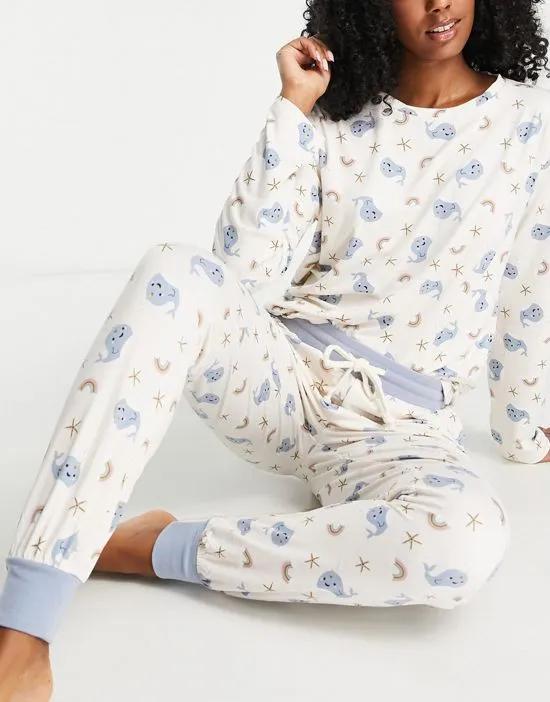 long pajama set in stone and light blue whale print