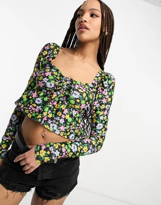 long puff sleeve floral shirred top in black