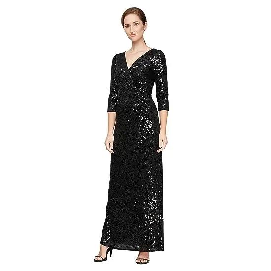 Long Sequin Column Dress with Knot Front Detail