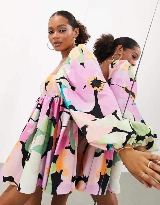 long sleeve babydoll mini dress in arthouse pink floral print