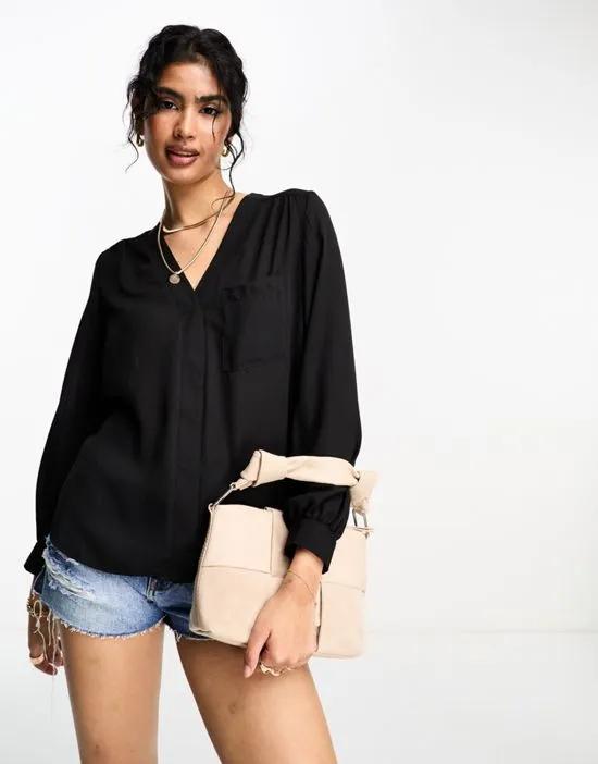 long sleeve blouse with pocket detail in Black