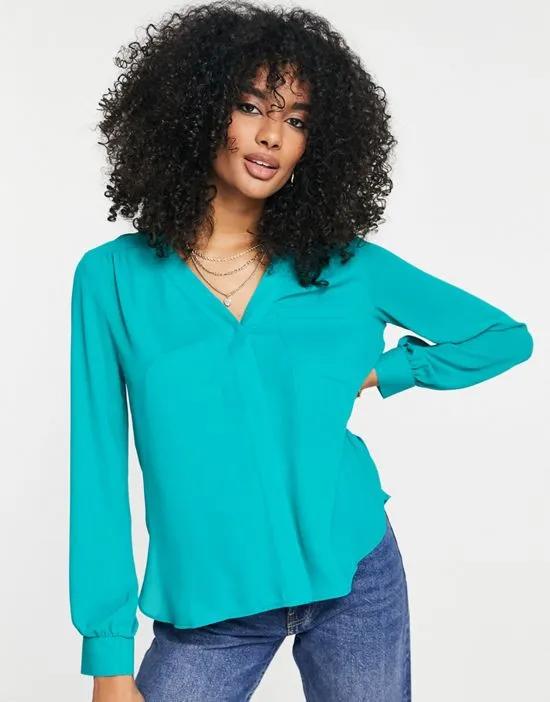 long sleeve blouse with pocket detail in teal