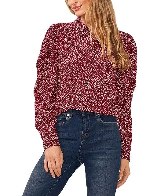 Long Sleeve Button-Down Floral Blouse with Collar