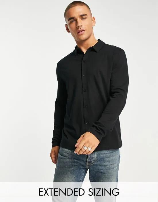 long sleeve button through jersey shirt in black