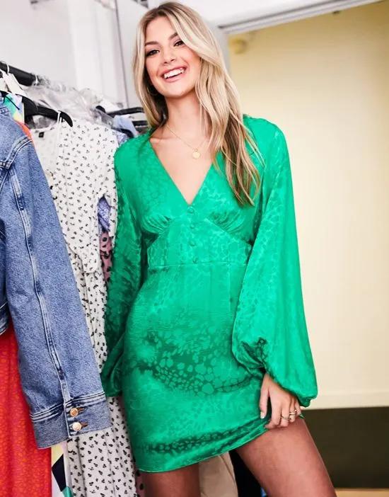 long sleeve button through satin mini dress in green
