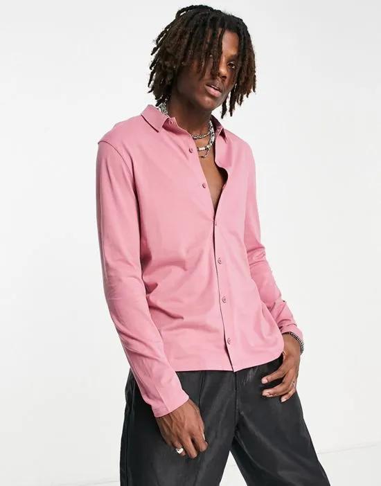 long sleeve button up jersey shirt in rose