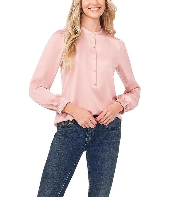 Long Sleeve Charmeuse Blouse w/ Neck Tie