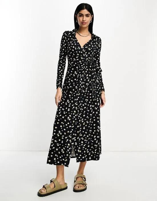 long sleeve collared midi wrap dress in black floral ditsy print