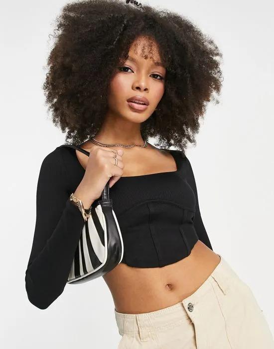 long sleeve corset detail cropped top in black