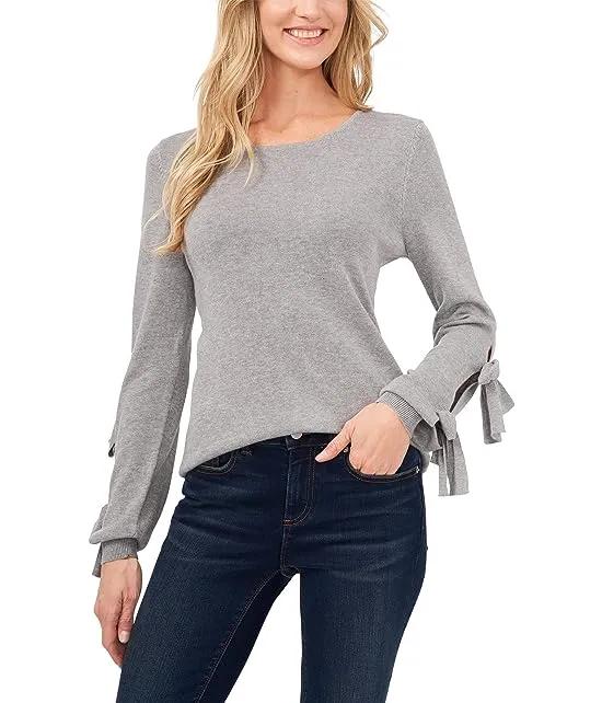 Long Sleeve Crew Neck Sweater w/ Double Bow Detail