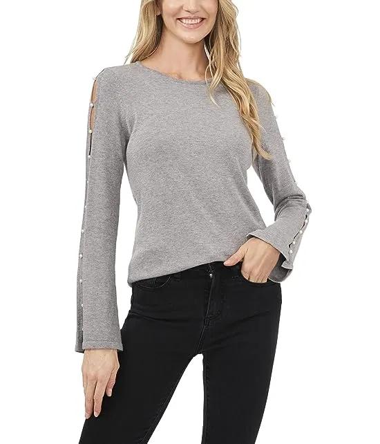 Long Sleeve Crew Neck Sweater w/ Peral Trim