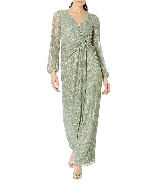 Long Sleeve Crinkle Metallic Gown with Draped Waist Detail