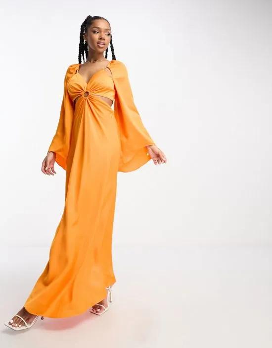 long sleeve cut out maxi dress in orange