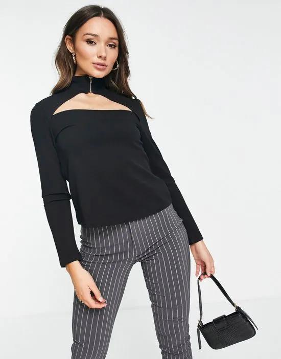 long sleeve cut-out top with zip detail in black
