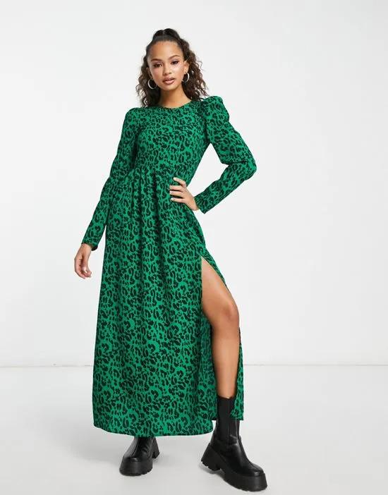 long sleeve dress in green leopard print with slit