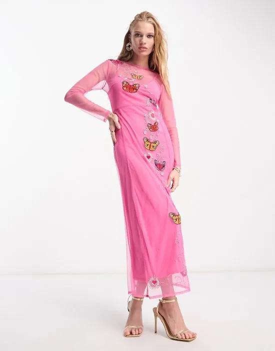 long sleeve embellished maxi dress in pink butterfly print