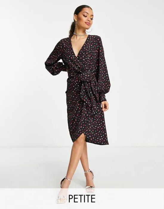 long sleeve fitted wrap dress in multi black red ditsy