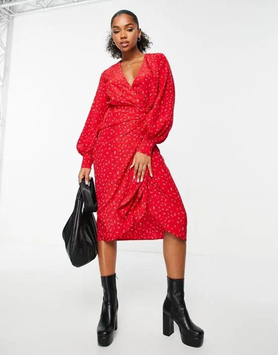 long sleeve fitted wrap dress in multi red ditsy floral