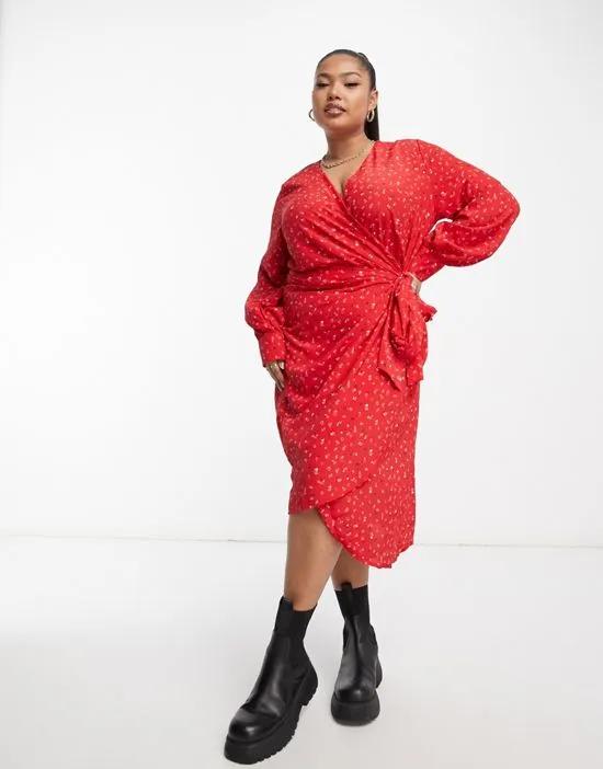 long sleeve fitted wrap dress in multi red ditsy