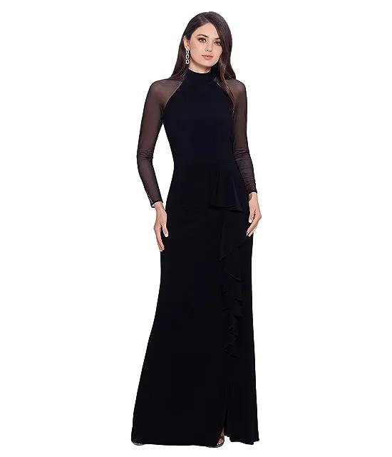 Long Sleeve Illusion Mesh Halter Jersey Gown