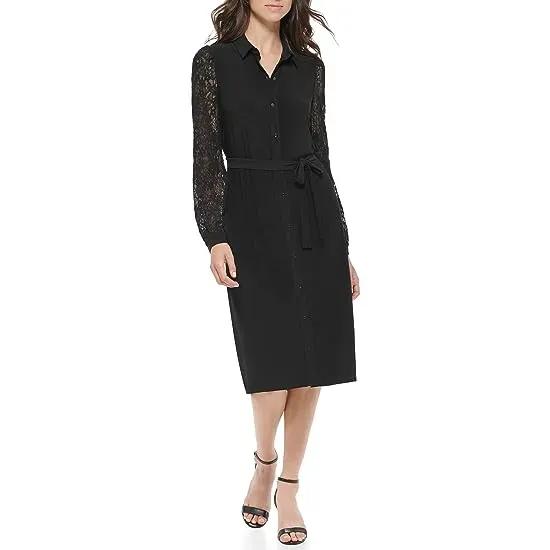 Long Sleeve Jersey Shirtdress with Lace Sleeve