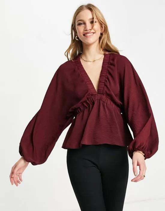 long sleeve kimono blouse with elastic detail in wine