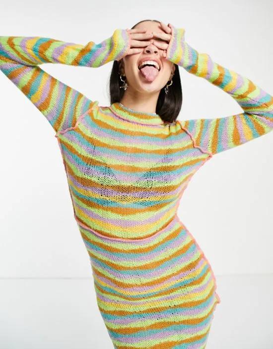 long sleeve knit body-conscious dress in rainbow stripe