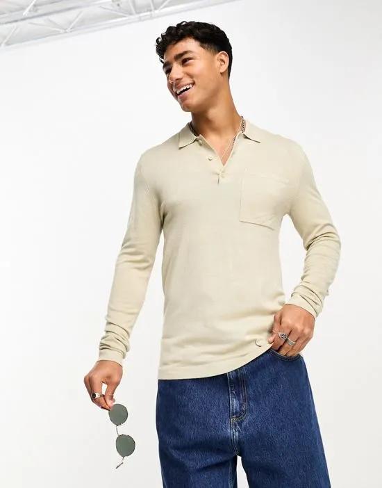 long sleeve knitted polo in beige