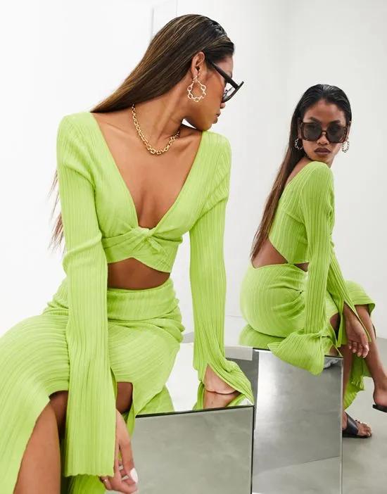 long sleeve knot front cut out midi dress in lime green