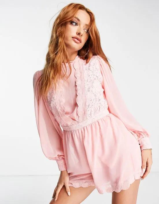 long sleeve lace scallop romper in pink