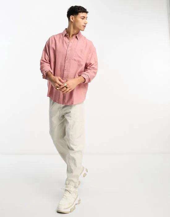 long sleeve linen blend shirt in dark pink