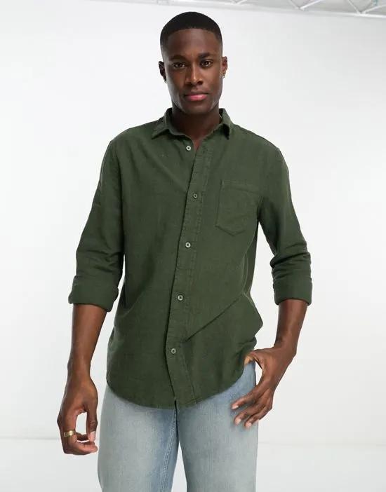 long sleeve linen crepe one-pocket shirt in khaki