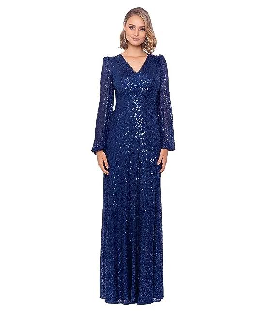 Long Sleeve Long V-Neck Sequin Gown