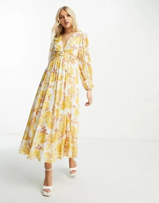 long sleeve maxi dress in gold floral
