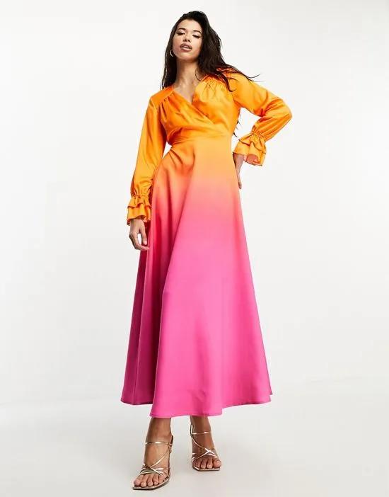 long sleeve maxi dress in pink and orange ombre