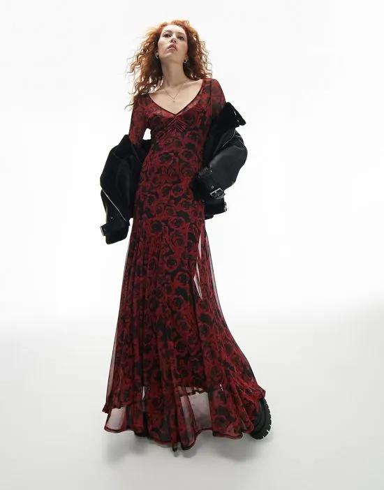 long sleeve maxi dress in rose print