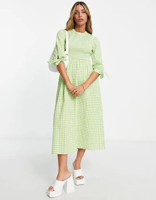 long sleeve maxi tea dress in neon green gingham