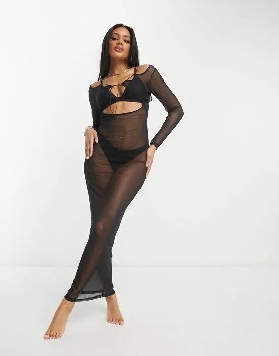 long sleeve mesh maxi beach dress with skinny strapping in black