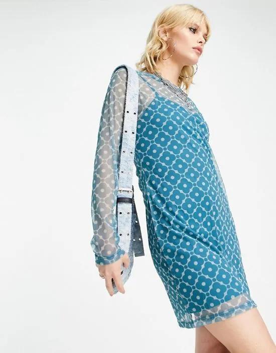 long sleeve mesh mini dress in light blue floral