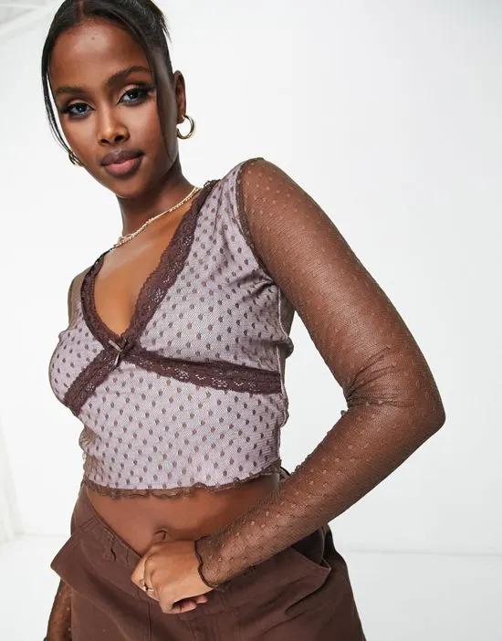 long sleeve mesh top with lace trim in purple